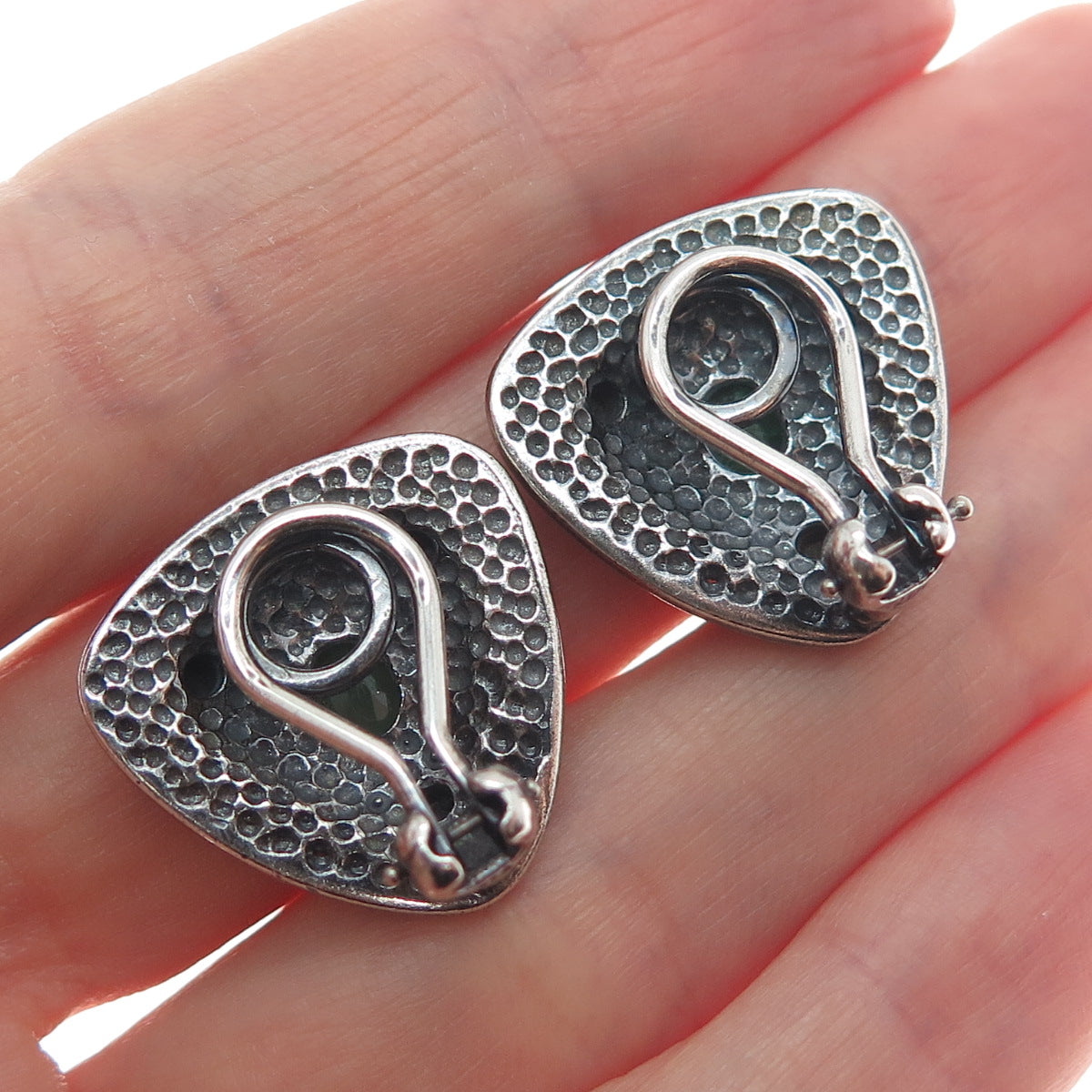 925 Sterling Silver Vintage Real Emerald Modernist Oxidized Clip On Earrings