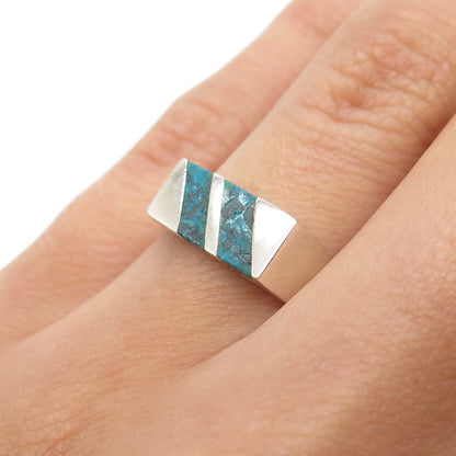 925 Sterling Silver Vintage Mexico Real Turquoise Inlay Ring Size 6.75