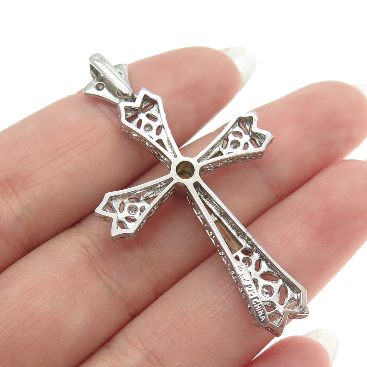 ROSS SIMONS 925 Sterling Silver White & Lemon C Z Ornate Cross Pendant