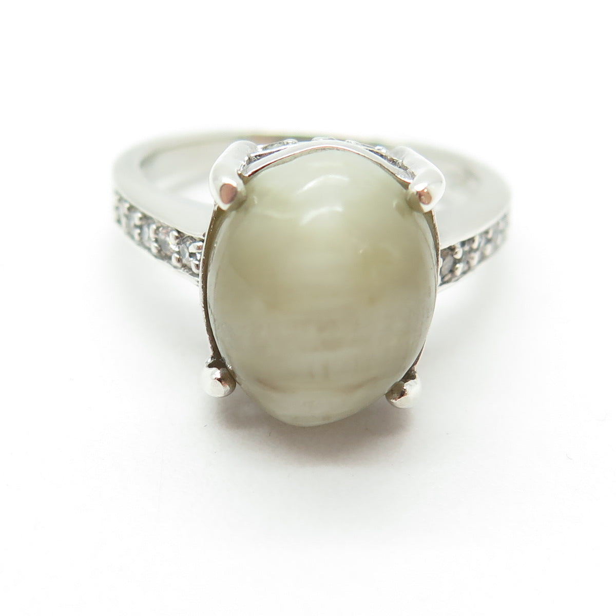 925 Sterling Silver Real Cabochon Prehnite & Round-Cut C Z Ring Size 9