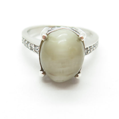 925 Sterling Silver Real Cabochon Prehnite & Round-Cut C Z Ring Size 9