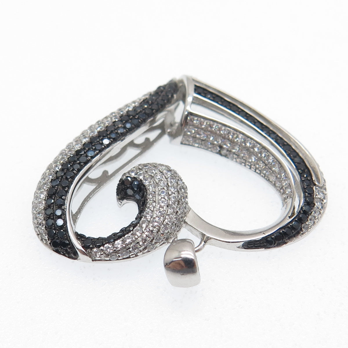 925 Sterling Silver Real Round-Cut Black Spinel & C Z Heart Pendant