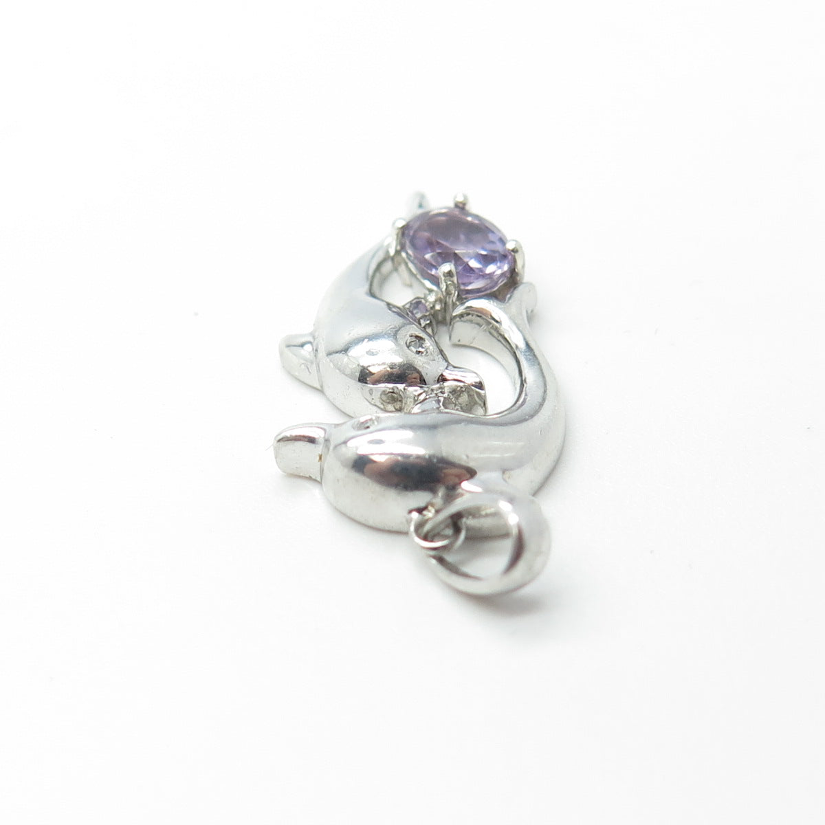 925 Sterling Silver Real Round-Cut Diamond & Amethyst Friendly Dolphin Pendant