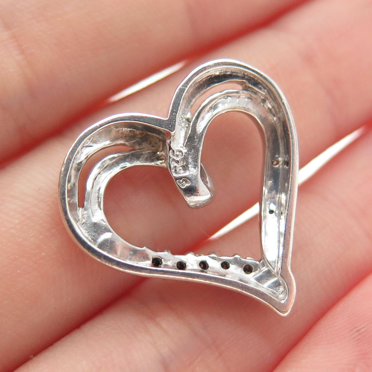 925 Sterling Silver Real Round-Cut Diamond Heart Slide Charm Pendant