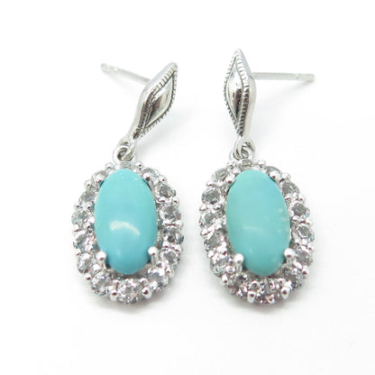 925 Sterling Silver Vintage Real White Topaz & Turquoise Gem Dangling Earrings