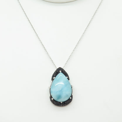 925 Sterling Silver Real Larimar & Black Spinel Gem Cable Chain Necklace 18"