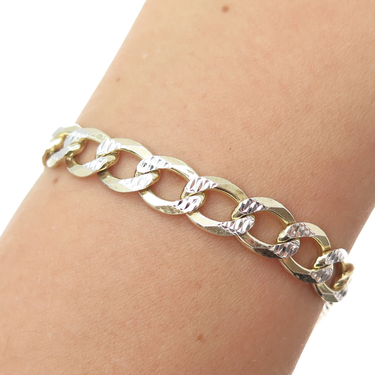 925 Sterling Silver 2-Tone Vintage Italy Diamond-Cut Curb Link Bracelet 9.25"