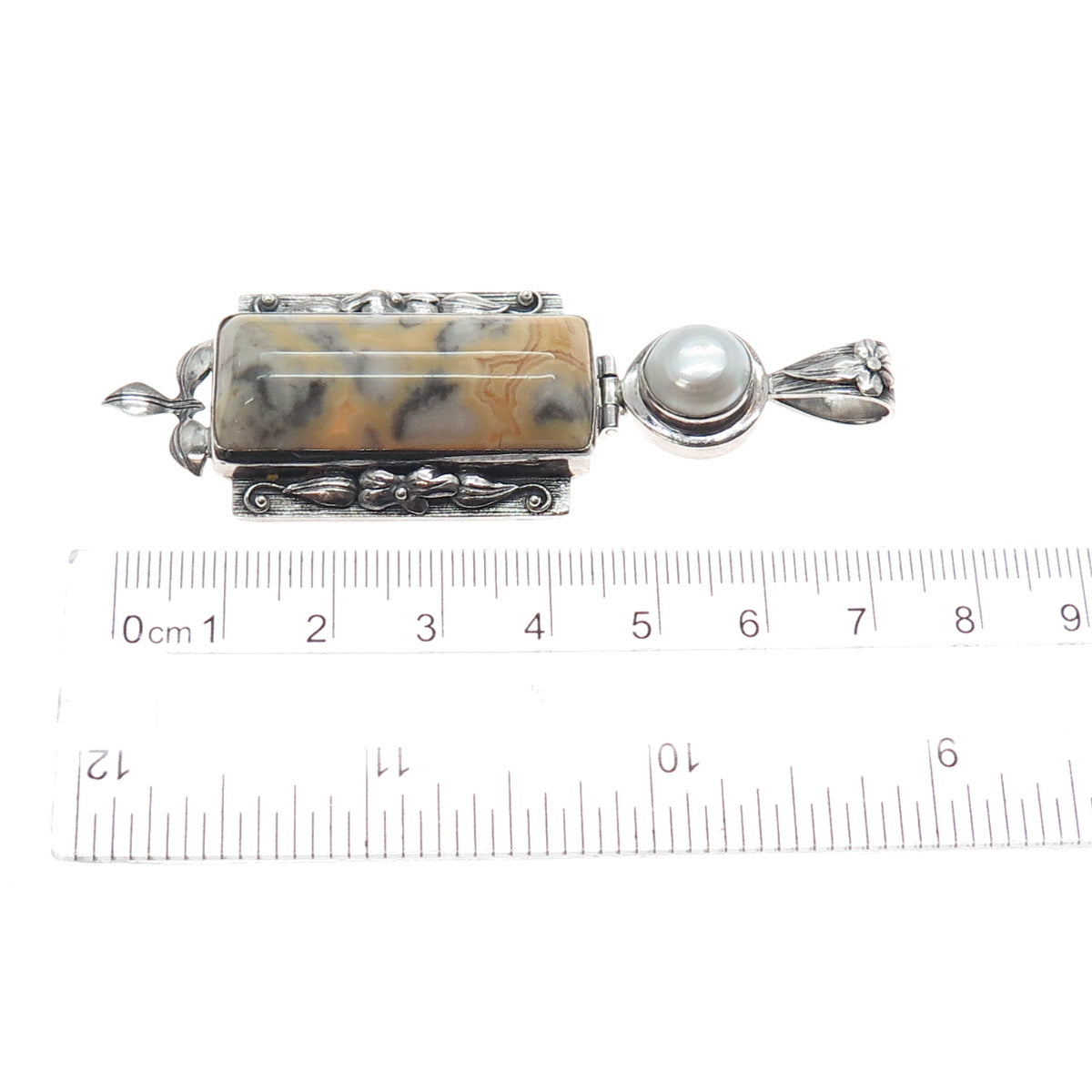 AF DESIGN 925 Sterling Silver Vintage Real Jasper & Pearl Modernist Pendant