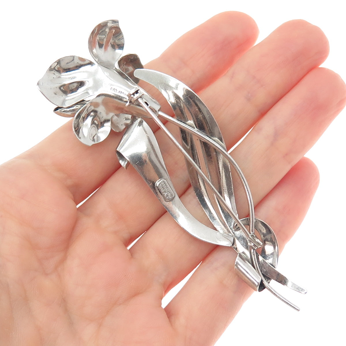 CARL ART 925 Sterling Silver Antique Art Deco Lily Flower Pin Brooch