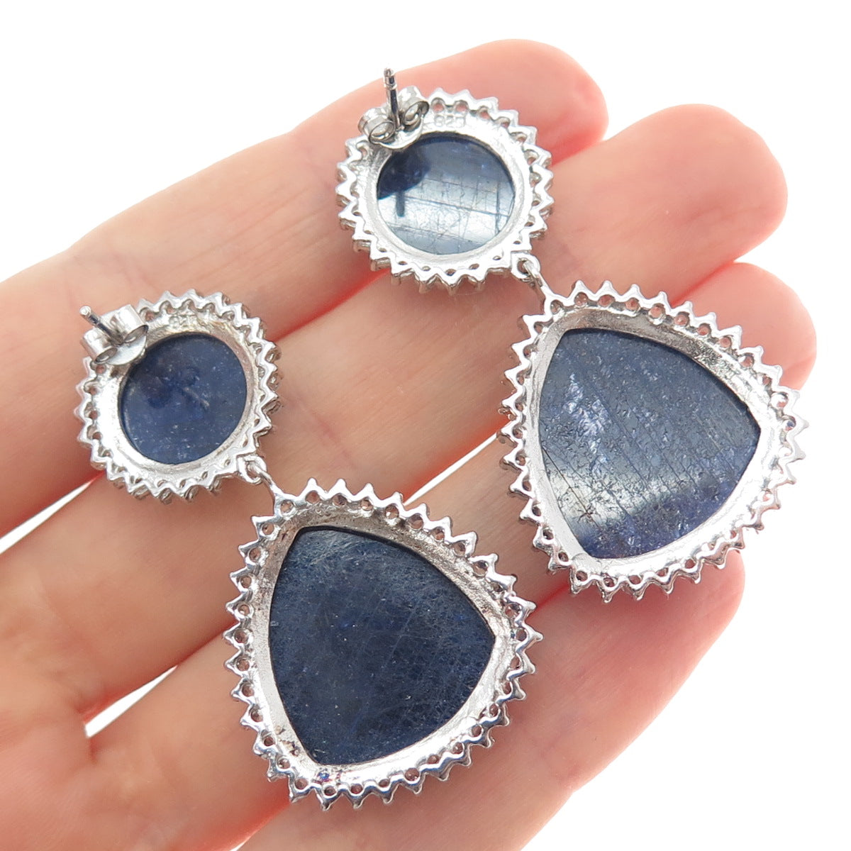 925 Sterling Silver Real Sapphire & White Topaz Dangle Earrings