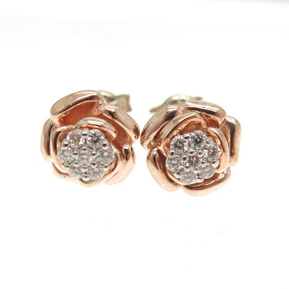 925 Sterling Silver Rose Gold Plated Real Round-Cut Diamond Flower Stud Earrings