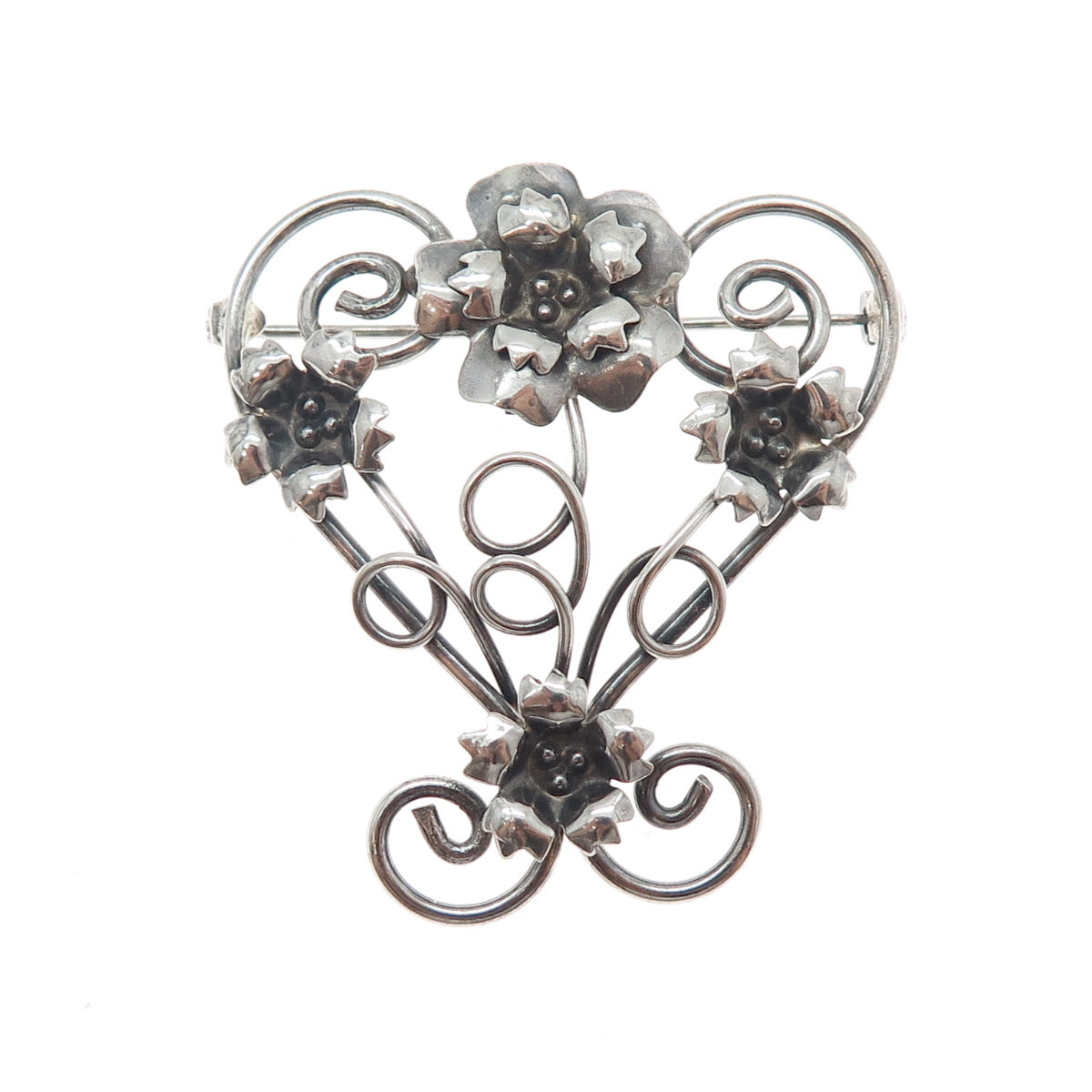LE GRO 925 Sterling Silver Antique Art Deco Flower Heart Oxidized Pin Brooch