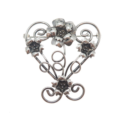 LE GRO 925 Sterling Silver Antique Art Deco Flower Heart Oxidized Pin Brooch