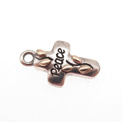 925 Sterling Silver 14K Gold Vintage Peace Floral Cross Oxidized Charm Pendant