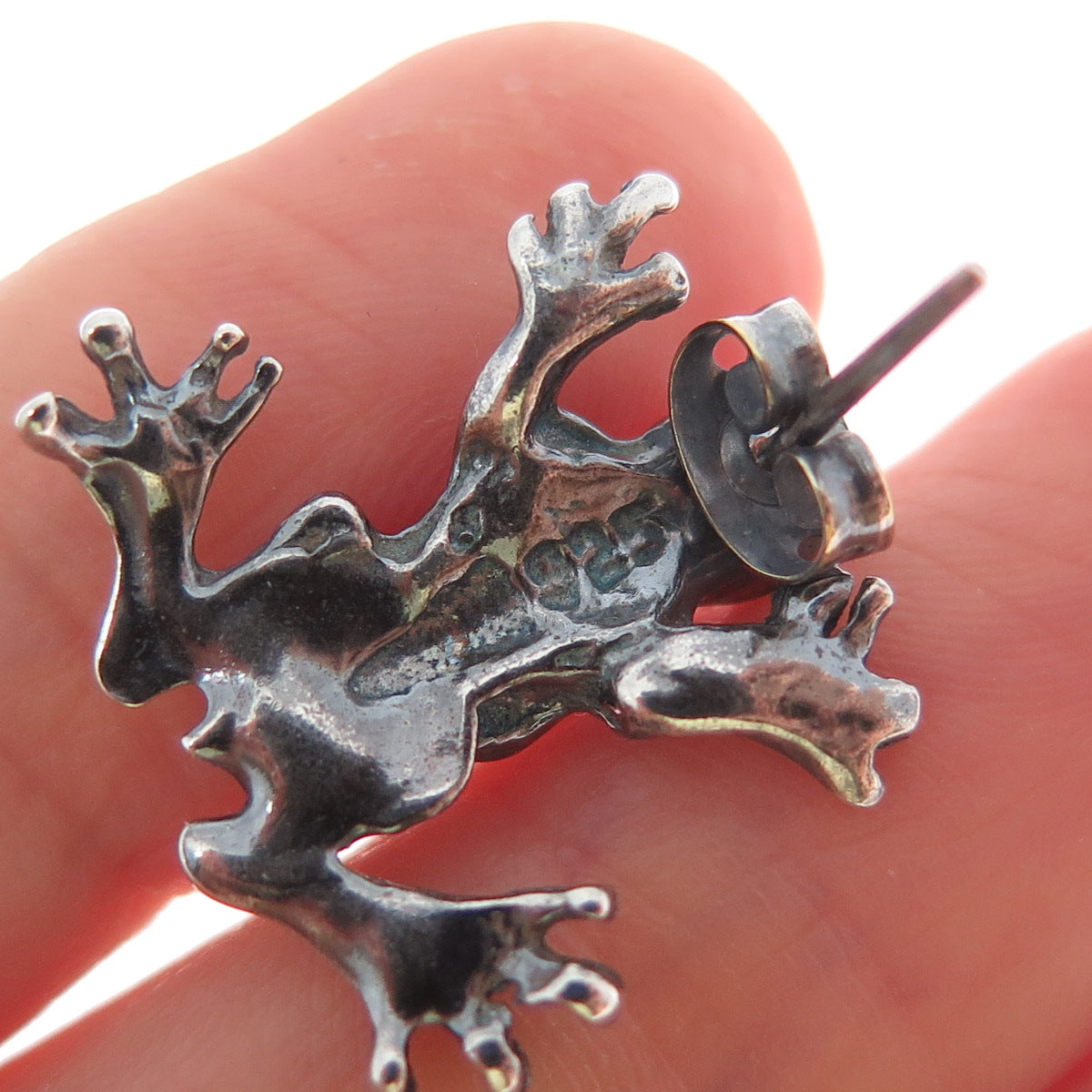 925 Sterling Silver Vintage Frog Good Luck Oxidized Earrings