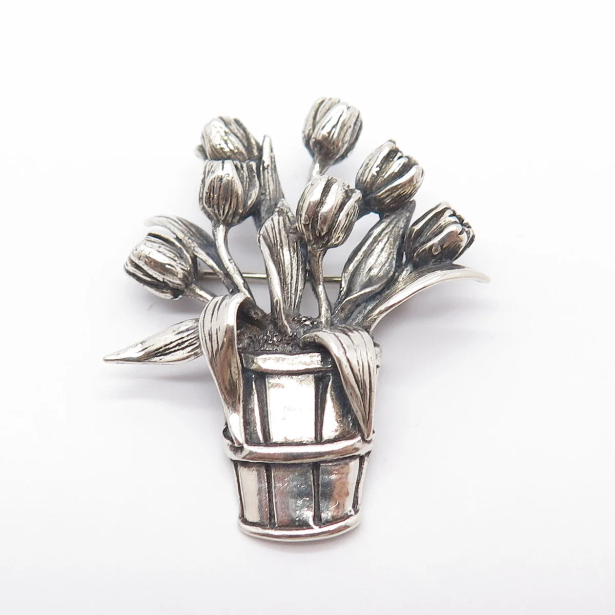 925 Sterling Silver Vintage Hamilton & Hamilton Flower Pot Pin Brooch