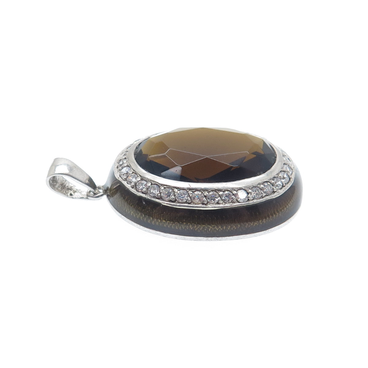 925 Sterling Silver Enamel Real Smoky Quartz & C Z Charm Pendant