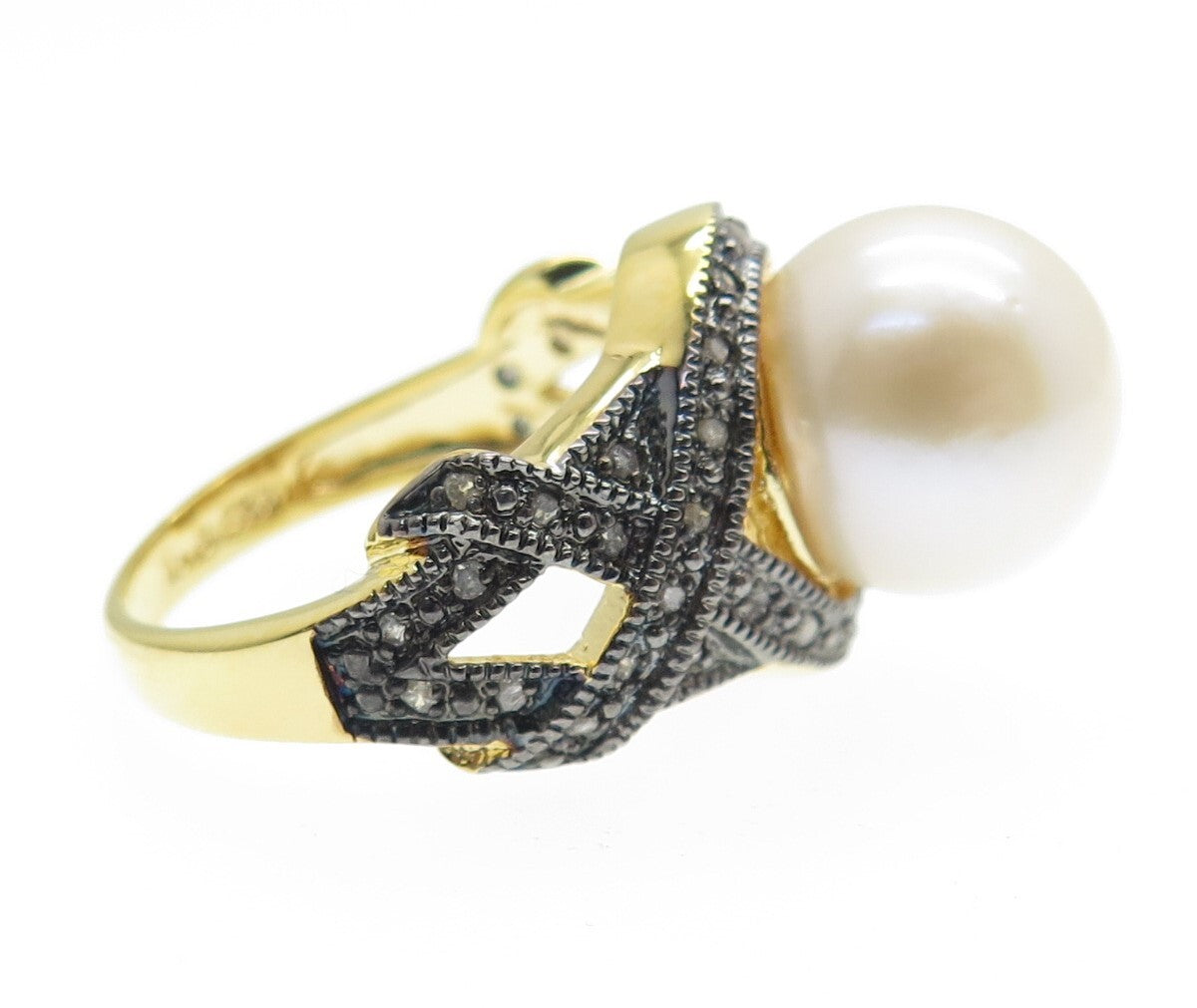 925 Sterling Silver Gold Plated Real Round-Cut Diamond & Pearl Ring Size 8