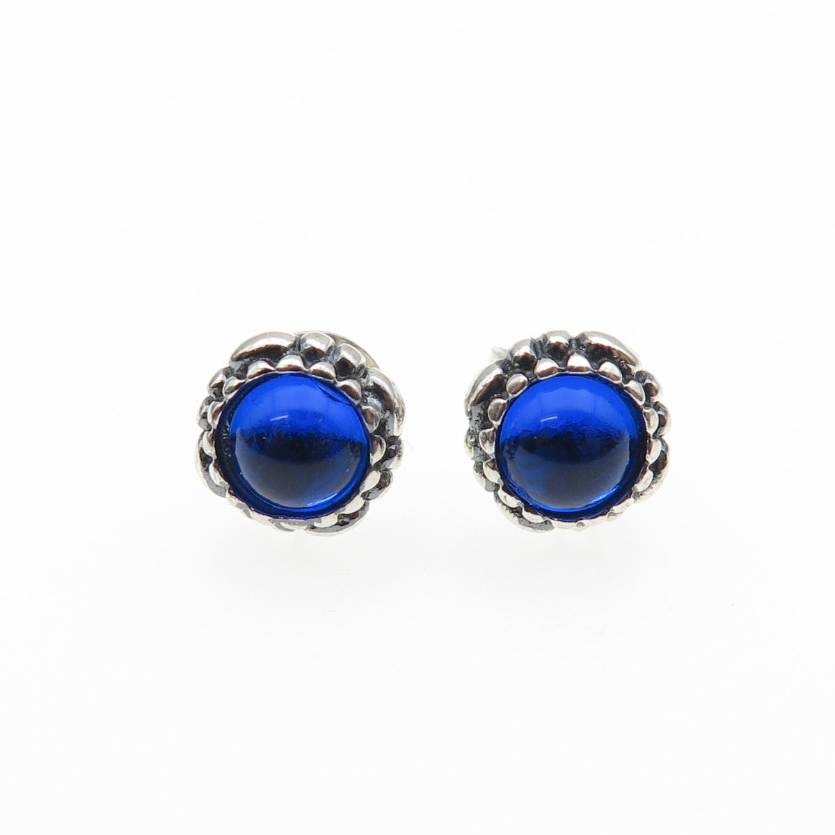 925 Sterling Silver Blue Glass Oxidized Stud Earrings