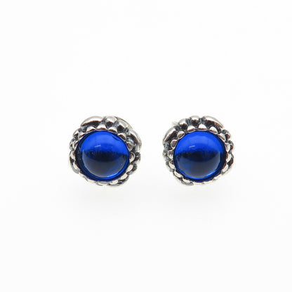 925 Sterling Silver Blue Glass Oxidized Stud Earrings