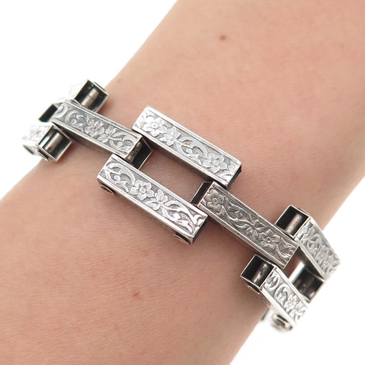 925 Sterling Silver Antique Art Deco Forget Me Not Oxidized Bracelet 7"