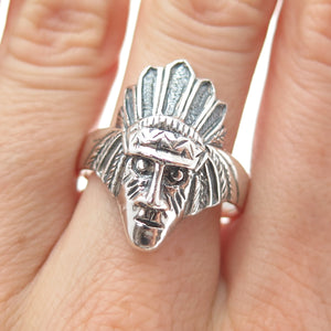 925 Sterling Silver Vintage Southwestern Indian Chief Oxidized Ring Size 9.75