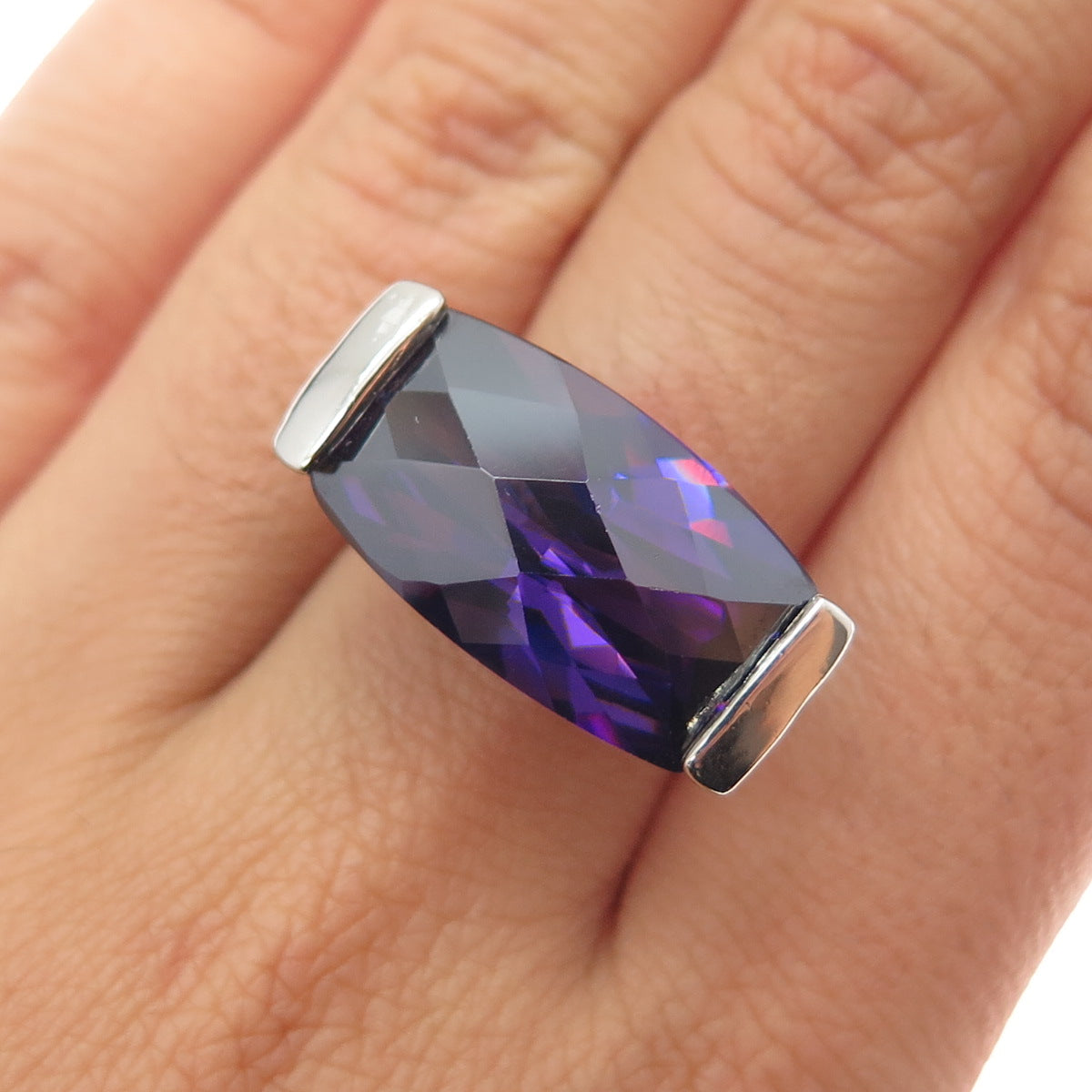 925 Sterling Silver Vintage Nano Amethyst Modernist Ring Size 7.25