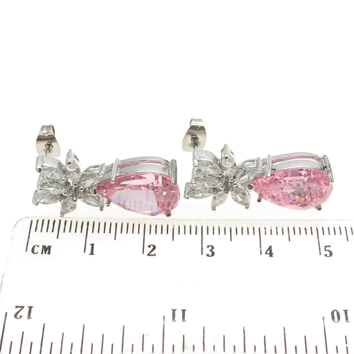 925 Sterling Silver Pear-Cut Pink & Marquise White C Z Floral Earrings