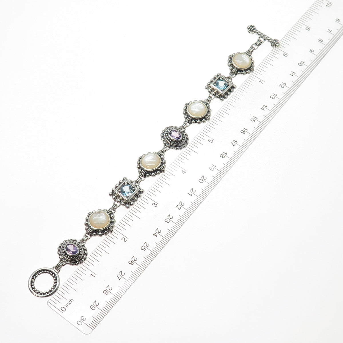 925 Sterling Silver Vintage Real Blue Topaz Amethyst & MOP Bracelet 7.5"
