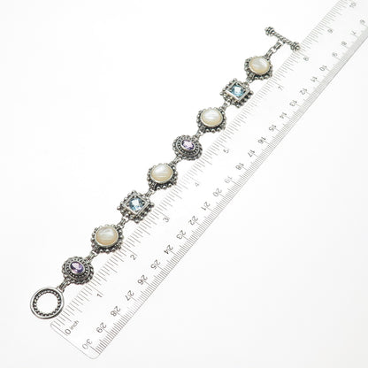 925 Sterling Silver Vintage Real Blue Topaz Amethyst & MOP Bracelet 7.5"