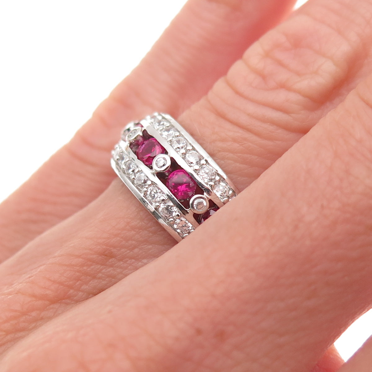 925 Sterling Silver Round-Cut Lab-Created Ruby & C Z Ring Size 5.25
