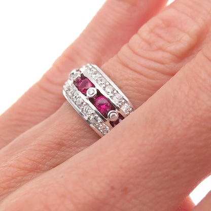 925 Sterling Silver Round-Cut Lab-Created Ruby & C Z Ring Size 5.25