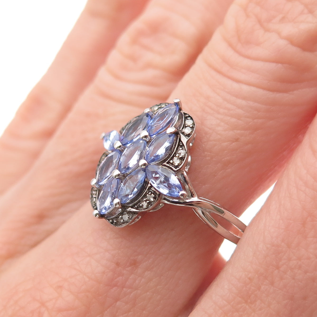 925 Sterling Silver Real Round-Cut Diamond & Marquise-Cut Tanzanite Ring Size 8