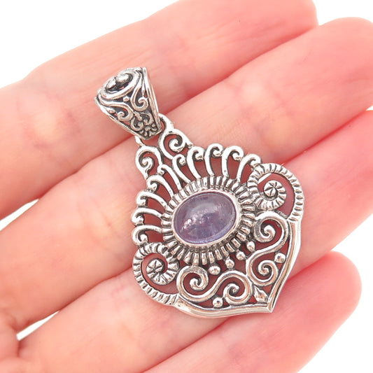 925 Sterling Silver Vintage Real Tanzanite Floral Scroll Oxidized Charm Pendant