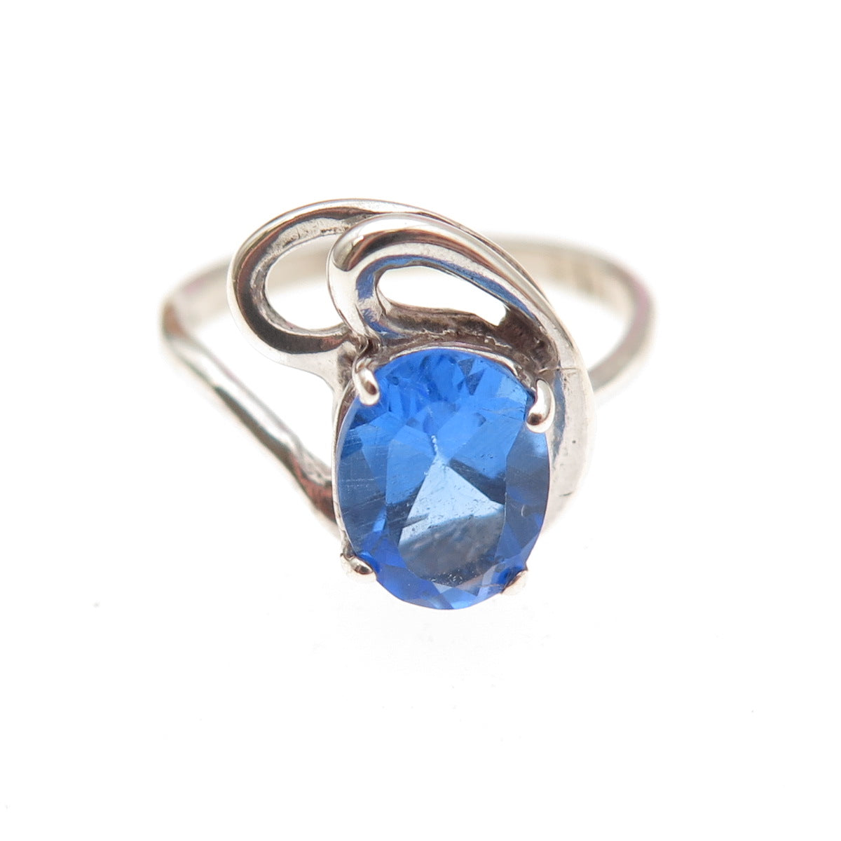 925 Sterling Silver Vintage Real Oval-Cut Blue C Z Modernist Ring Size 4.25