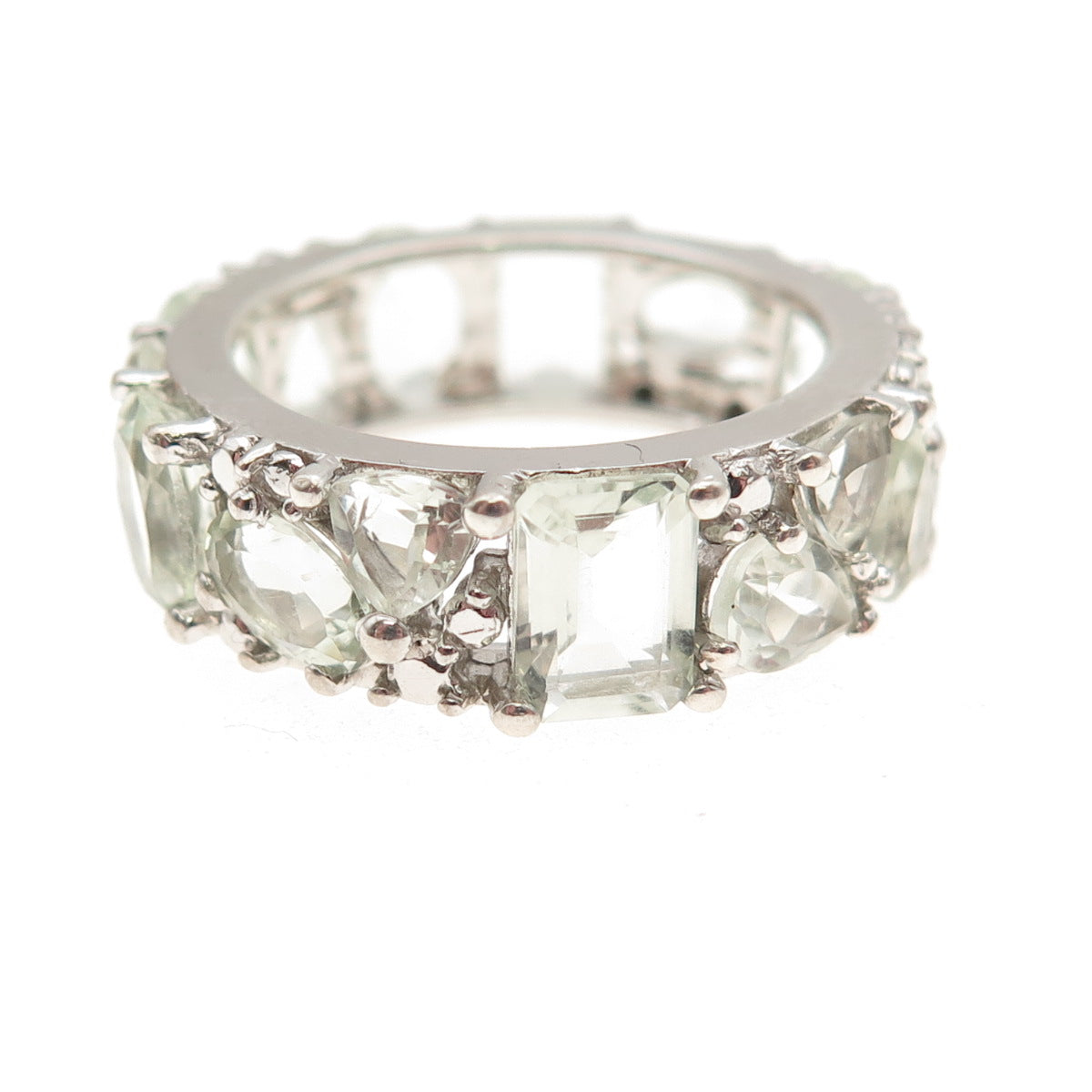 925 Sterling Silver Real Multi-Cut Green Amethyst Cluster Band Ring Size 8.25