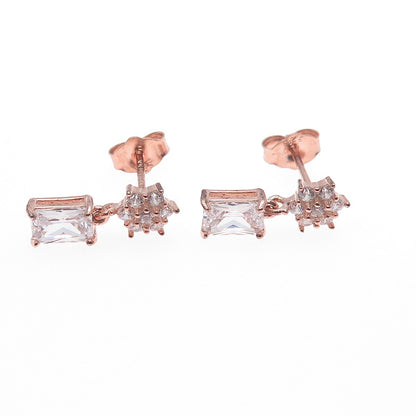 925 Sterling Silver Rose Gold Plated Radiant & Round-Cut C Z Dangle Earrings