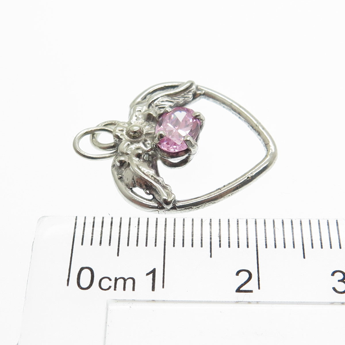 925 Sterling Silver Vintage Oval-Cut Pink C Z Flower Heart Pendant