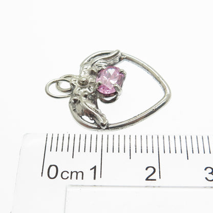 925 Sterling Silver Vintage Oval-Cut Pink C Z Flower Heart Pendant