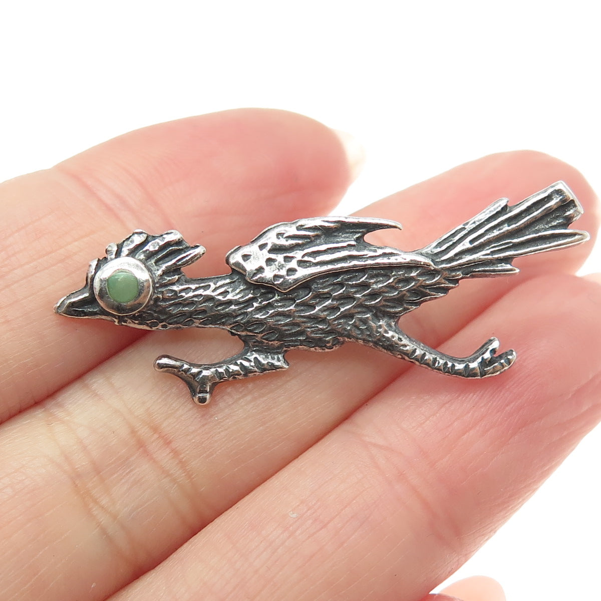 Old Pawn 925 Sterling Silver Vintage Turquoise Roadrunner Bird Tribal Pin Brooch