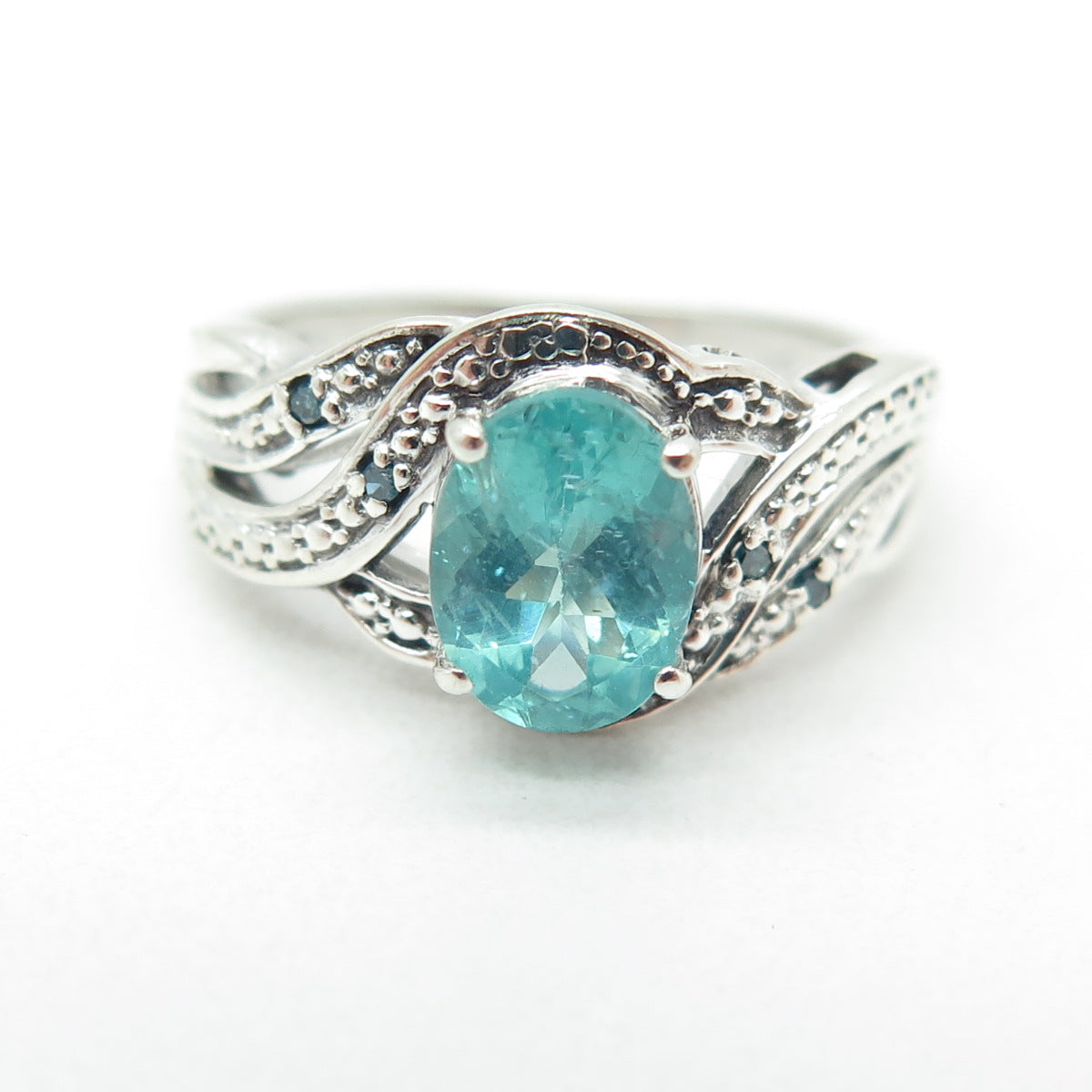 CHUCK CLEMENCY 925 Sterling Silver Real Blue Diamond & Aquamarine Ring Size 6.25