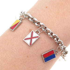 925 Sterling Silver Vintage London Ship’s Flags I Love You Charm Bracelet 7.75"