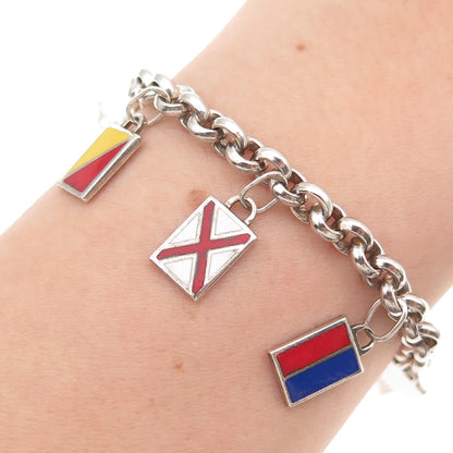 925 Sterling Silver Vintage London Ship’s Flags I Love You Charm Bracelet 7.75"