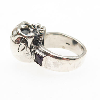 925 Sterling Silver Vintage Real Amethyst Skull Oxidized Biker Ring Size 6.75