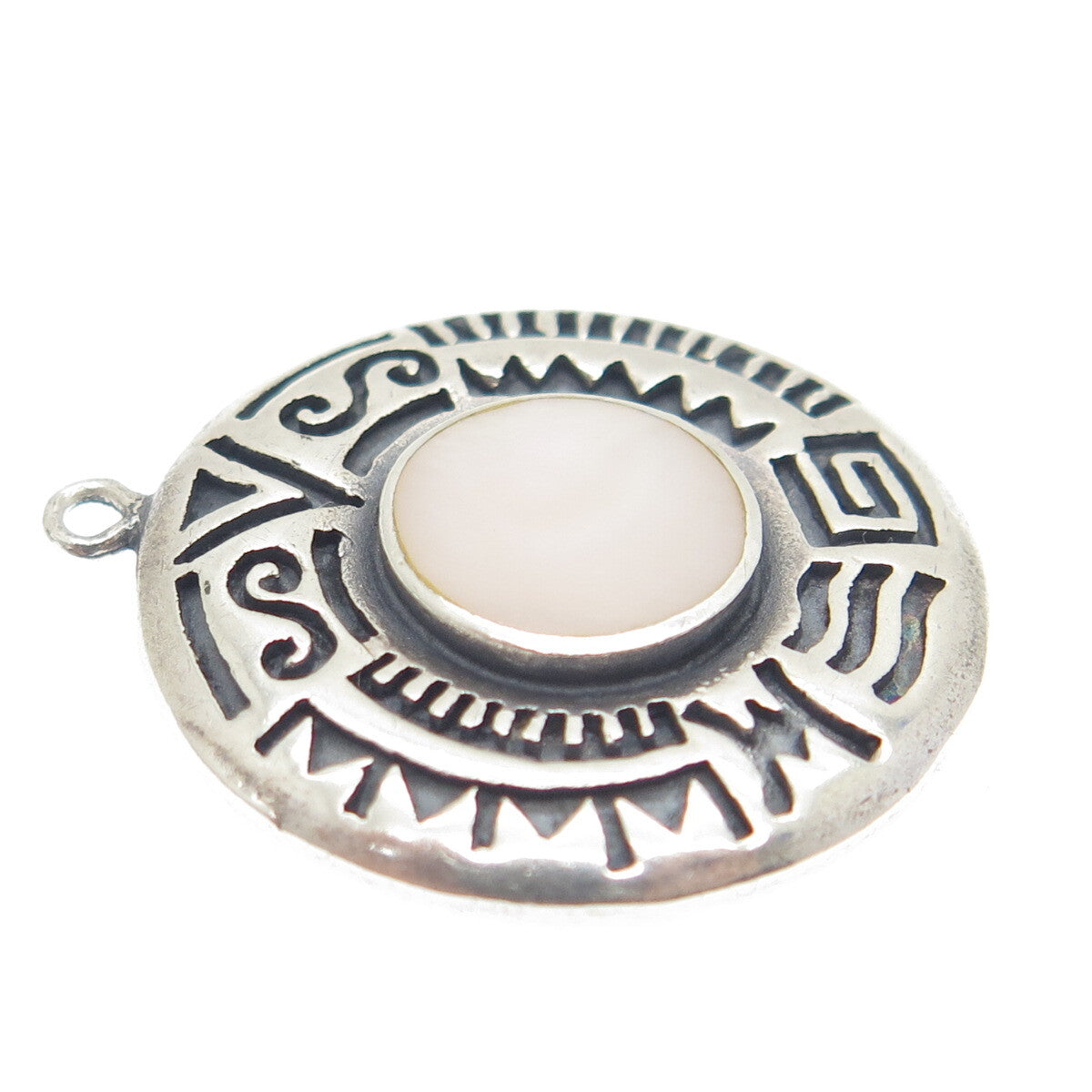 BOMA 925 Sterling Silver Vintage Real Mother-of-Pearl Tribal Round Pendant