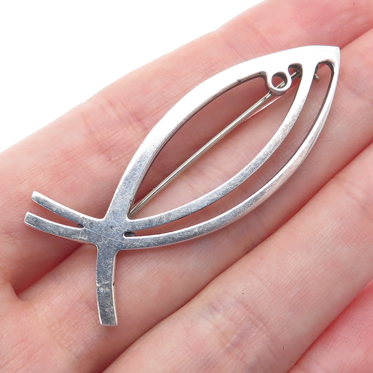 925 Sterling Silver Vintage Ichthys Religious Pin Brooch