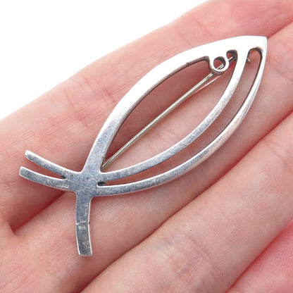 925 Sterling Silver Vintage Ichthys Religious Pin Brooch