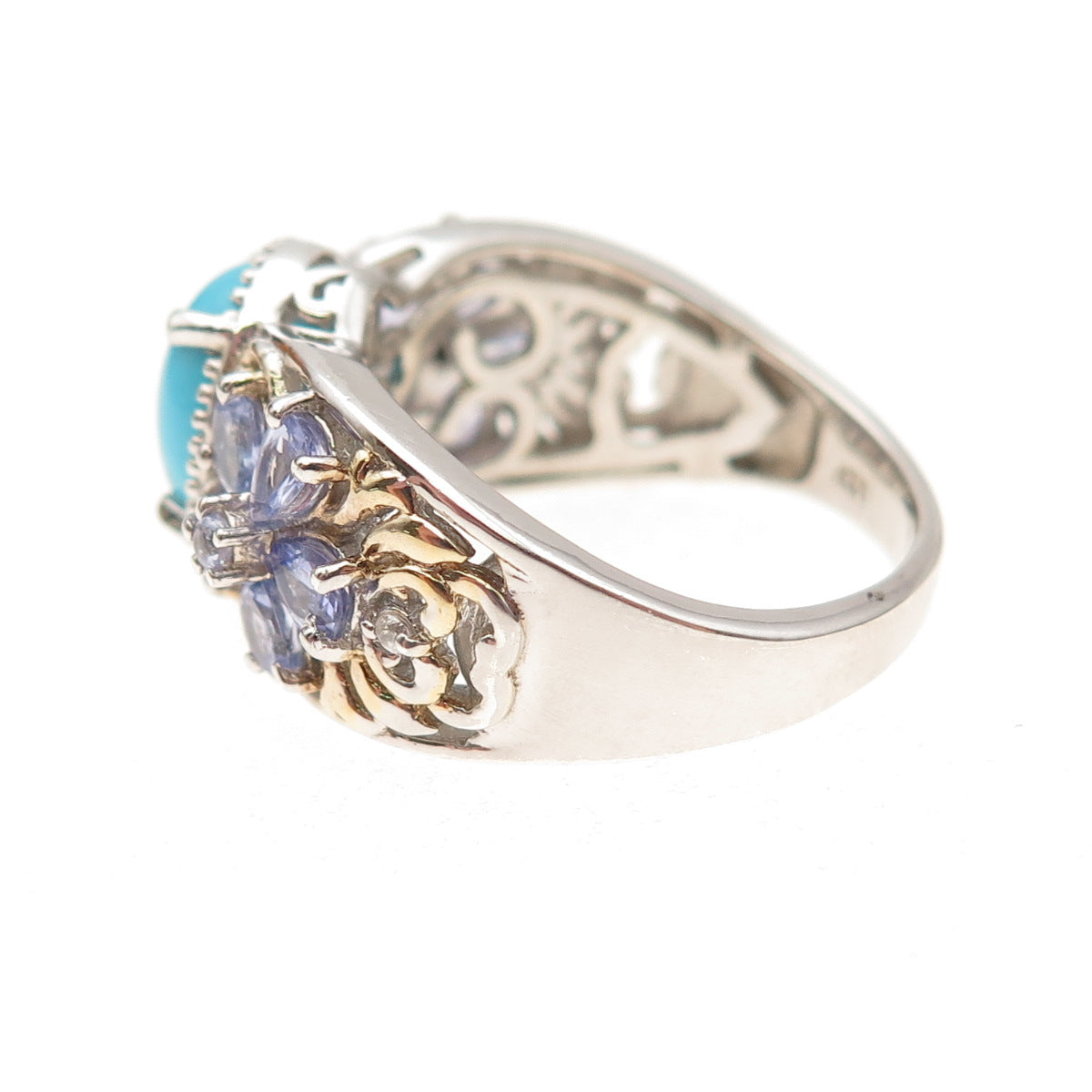Chuck Clemency Sterling Silver 2-Tone Real Turquoise & Tanzanite Ring Size 8.25