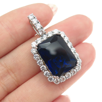 925 Sterling Silver Radiant-Cut Blue Glass & Round-Cut C Z Pendant