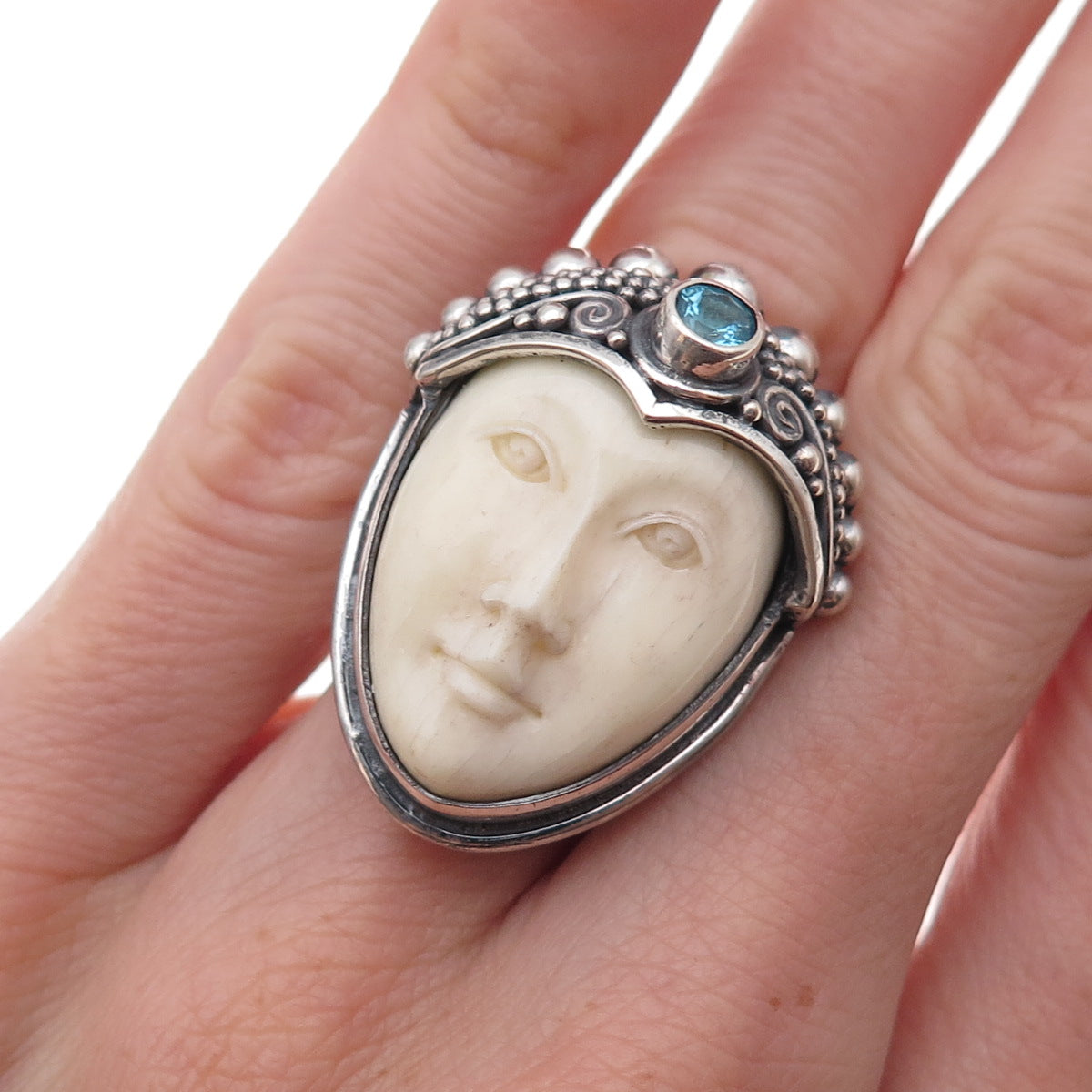 Sajen 925 Sterling Silver Vintage Blue Tourmaline Goddess Adjustable Ring Size 6